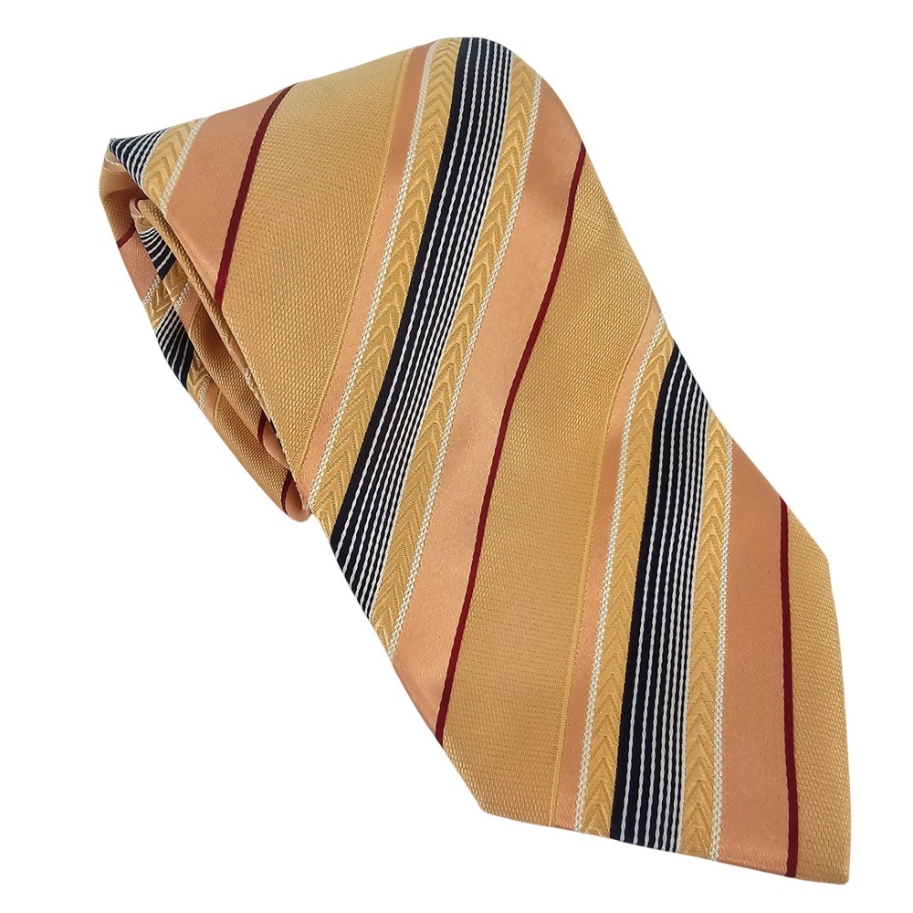 Ermenegildo Zegna Silk Cotton Striped Tie Gold Peach Navy Italian Luxury Preppy